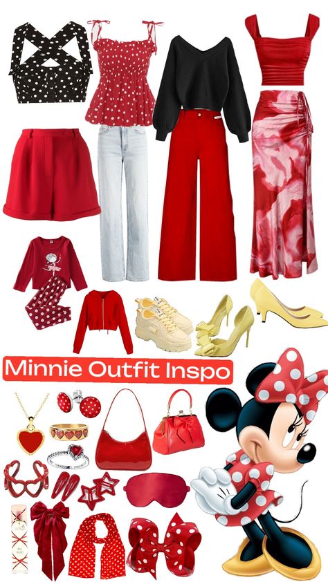 #fashion #fashionista #style #disney #minnie #minniemouse #red #white #polkadots #outfit #inspo Minnie Mouse Spirit Day Outfit, Mini Mouse Outfit Ideas For Women, Minnie Mouse Outfit Ideas, Minnie Mouse Bounding, Mickey Mouse Outfits For Women, Minnie Mouse Outfit Women, Cool Disney Outfits, Minnie Disneybound, Disney Outfit Ideas For Women