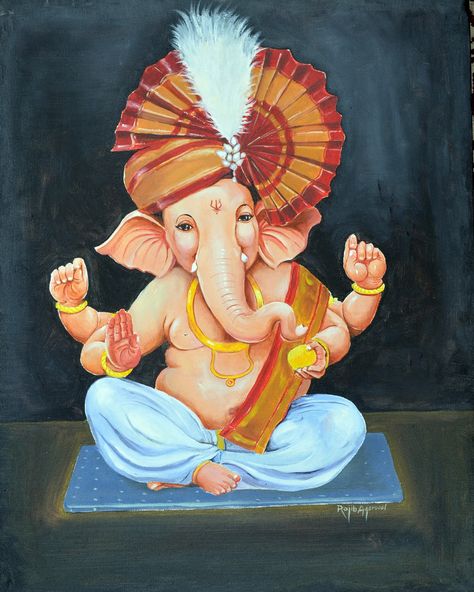 Ganesha by Oil Painting on canvas Ganesha Oil Painting On Canvas, Ganpati Painting On Canvas, Ganpati Bappa Painting On Canvas Art, Ganpati Bappa Canvas Painting, Ganesh Ji Painting On Canvas, Ganpati Canvas Painting, Ganpati Bappa Painting, Sketch Ganesha, Bappa Painting