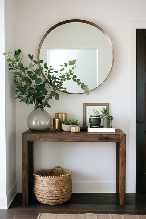 End Of Hallway Table Decor, Short Entryway Table, House Entryway Decor, Modern Farmhouse Small Entryway, Simple Buffet Decor, Small Entry Table With Mirror, Modern Townhome Decor, Narrow Entryway Table Ideas, Entry Nook Decor