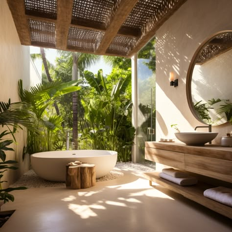 Balinese Interior, Bali Style Home, Indoor Outdoor Bathroom, Open Bathroom, Outdoor Bathroom Design, Tropical Bathroom, Bali House, Outdoor Bathroom, Outdoor Bathrooms