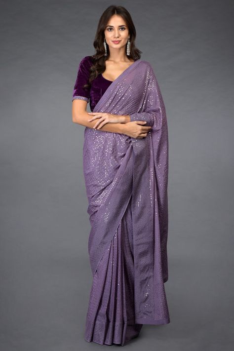 Saree With Velvet Blouse, Saree Contrast Blouse, Velvet Blouse Design, Designer Dress For Men, Sequins Saree, Combination Dresses, Sequence Saree, Indian Sari Dress, Purple Saree