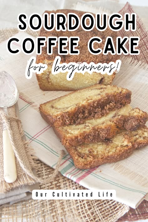 This sourdough coffee cake it perfect for beginners. It uses discard, so you don't have to worry about a perfectly active starter! Easy, simple, foolproof, and delicious! This sourdough coffee cake it sure to be a hit at your next brunch! sourdough / coffee cake / sourdough coffee cake / sourdough discard recipes / sourdough discard ideas / discard brunch recipes / sourdough brunch recipes Desserts Made With Sourdough Discard, Sourdough Starter Recipes For Beginners, What Is Discard Sourdough, Sourdough Bread Recipe Loaf Pan, Sourdough Discard Cinnamon Coffee Cake, Sourdough Starter Discard Dessert Recipes, Sour Dough Discard Coffee Cake, Sour Dough Coffee Cake Recipes, Sour Dough Pancakes With Discard