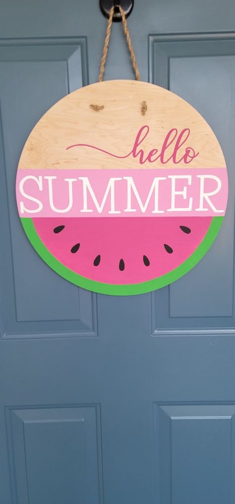 Wood Wreaths For Front Door, Watermelon Door Hanger, Summer Boards, Outdoor Room Decor, Pool Deck Decorations, Summer Door Hangers, Wood Wreaths, Spring Signs, Summer Door Decor