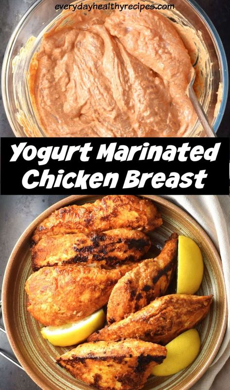 Top down view of chicken pieces in yogurt marinade in bowl and cooked yogurt chicken breast pieces with lemon wedges in brown bowl. Greek Yogurt Chicken Marinade Air Fryer, Chicken And Yogurt Recipes, Chicken Yogurt Recipes, Yogurt Marinated Chicken Breast, Yogurt Marinade For Chicken, Cubed Chicken Breast Recipes, Yogurt Chicken Marinade, Marinated Chicken Breast Recipes, Greek Yogurt Chicken Marinade