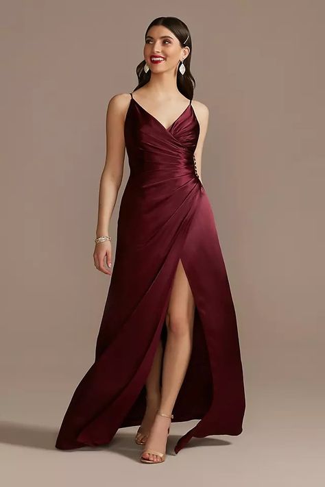 Bridesmaid Dresses - Galina Signature Charmeuse Draped Strappy Dress Style # GS290017 – View Image 1 Wine Silk Dress, Galina Signature Bridesmaid, Silk Dress Outfit, Charmeuse Bridesmaid Dress, Silk Dresses Outfit, Envelope Skirt, Bridesmaid Wine, Wine Dress, Bridesmaid Colors