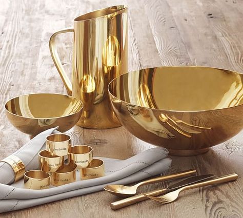 Gold Serve Pitcher #potterybarn House Plants Aesthetic, Assiette Design, Gold Kitchen Accessories, Flowering House Plants, Gold Napkin Rings, Unique Dining Room, Plants Aesthetic, Gold Napkins, Aesthetic House