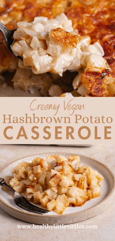 This Creamy Vegan Hashbrown Potato Casserole features frozen diced hashbrown potatoes that are coated in a creamy, dairy-free and gluten-free gravy-like sauce and then baked in the oven for an easy and convenient potato side dish that everyone will love! Vegan Hash Brown Casserole, Non Dairy Potato Recipes, Easy Dairy Free Side Dishes, Hashbrown Casserole Dairy Free, Dairy Free Hashbrown Casserole, Diced Hashbrown Casserole, Dairy Free Potato Casserole, Dairy Free Sides Dishes, Gluten Free Hashbrown Casserole