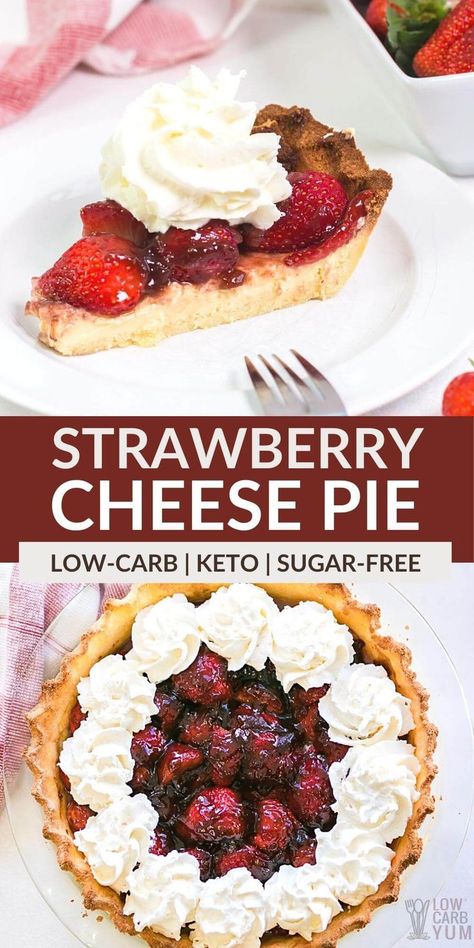 Savor the sweet flavors of strawberries and cream cheese mixture in this keto strawberry cream cheese pie! Keto Pie Recipes, Keto Strawberry Cream Cheese, Thm Cheesecake, Holiday Pie Recipes, Strawberries And Cream Cheese, Low Carb Pie, Strawberry Cream Cheese Pie, Holiday Pies Recipes, Low Carb Pie Crust