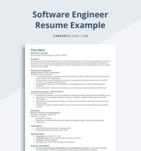 Software Engineer Resume Example & Writing Tips Software Engineer Resume, Machine Learning Projects, Engineer Resume, Free Resume Template Download, Free Resume Templates, Resume Layout, Cover Letter Example, Simple Resume, Software Developer