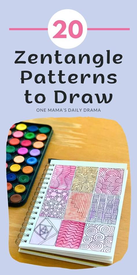 Learn how to draw zentangle patterns and doodles to create when you're bored or need easy creative art ideas. I shared 20+ pattern ideas on One Mama's Daily Drama to make getting started fun and easy! Tangle Art Patterns Simple, Things To Draw With Watercolor Markers, How To Draw Zentangle Patterns, How To Draw Doodles Step By Step Zen Tangles, Easy Designs To Draw Pattern, Fun Doodle Art, Beginner Zentangle Patterns Step By Step, Pen Drawing Simple Doodles, Coloring Patterns Ideas