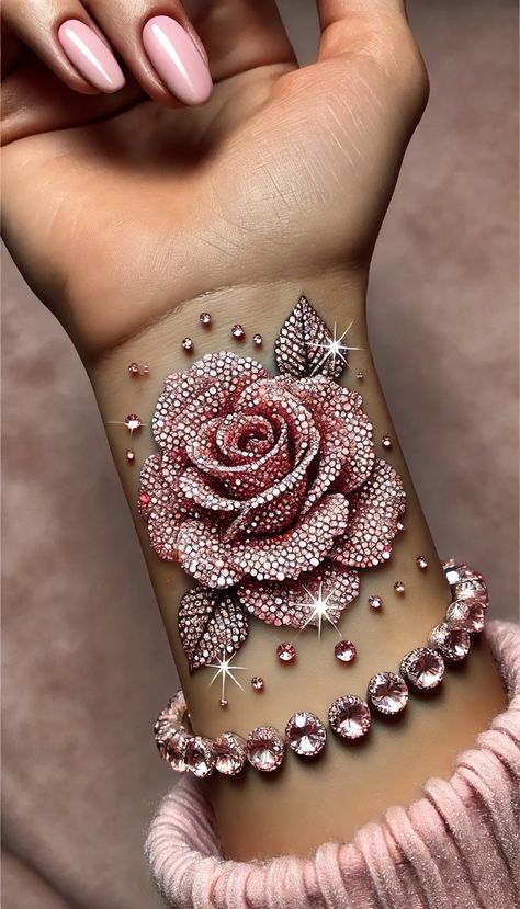 Jewels Tattoo Design, Pink Glitter Tattoo, Shine Tattoo Ideas, Glitter Tattoo Ideas, Glamour Tattoo, Rose Wrist Tattoo, Glam Tattoo, Sparkle Tattoo Ideas, Girly Hand Tattoos