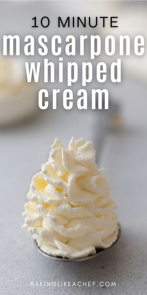 Mascarpone whipped cream piped on a spoon. Piping Cupcakes, Mascarpone Whipped Cream, Mascarpone Recipes, Homemade Whipped Cream Recipe, Mascarpone Frosting, Cake Filling Recipes, Frosting Recipes Easy, Recipes With Whipping Cream, Cake Frosting Recipe