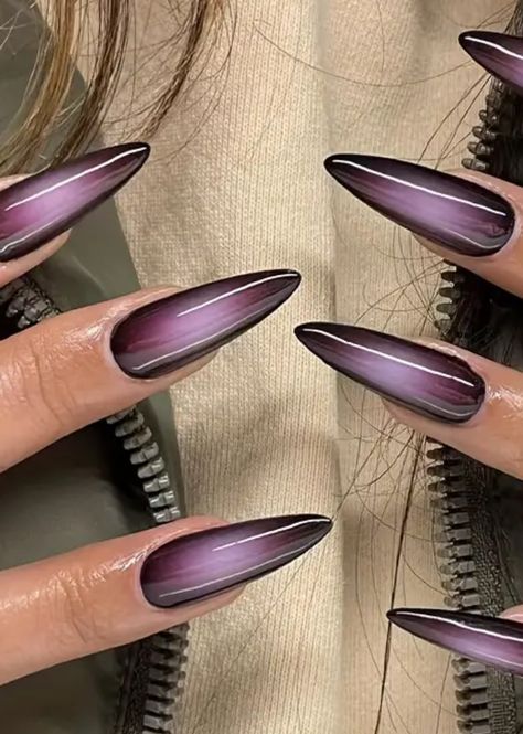 Chrome Nail Colors Chart, Dark Purple Cat Eye Nails, Plum Purple Nails, Ombre Chrome Nails Designs, Dark Chrome Nails, Dark Plum Nails, Chrome Nail Colors, Ombre Chrome Nails, Plum Nails