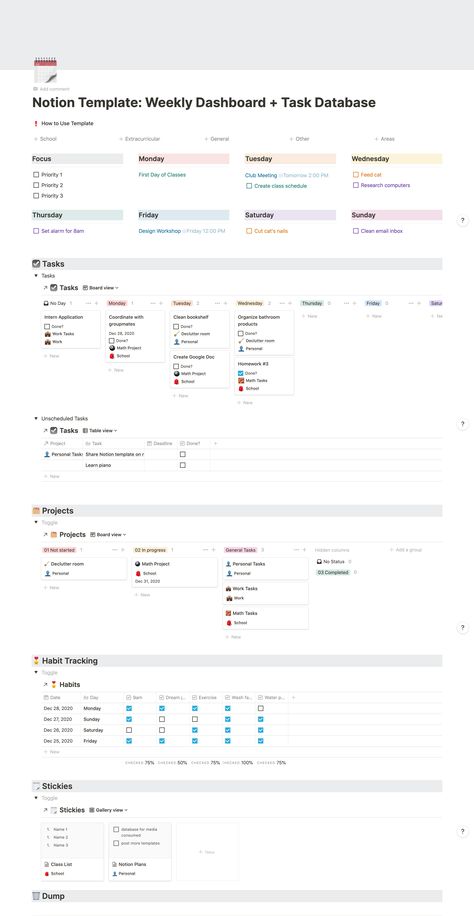 Weekly Dashboard, Notion Inspiration, Planner School, Life Planner Organization, Template Notion, Task Manager, School Template, Weekly Agenda, Meal Planner Template