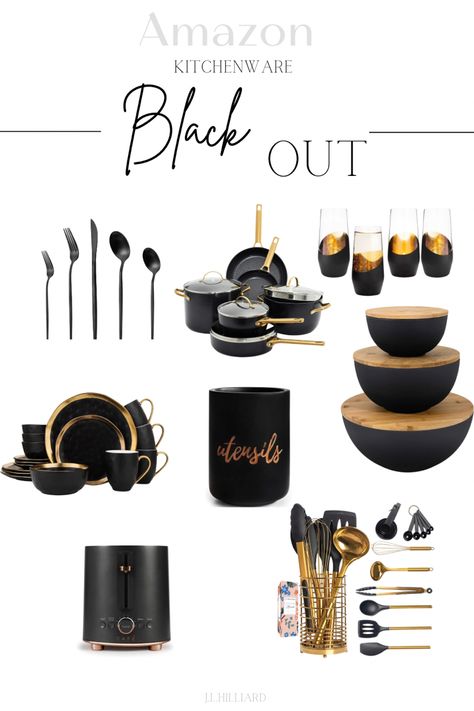 Amazon home, Amazon Finds, Black Decor, Black kitchenware, Kitchen utentils, black and gold kitchenware, black kitchenware, black forks, utensil holder, toaster, chic kitchenware All Black Kitchen Decor, Black And Wood Kitchen Utensils, Black And Clear Kitchen Decor, Black Glam Kitchen, Brown And Black Kitchen Decor, Black And Gold Kitchen Utensils, Black Utensils Kitchen, Black Kitchen Dishes, Black Silicone Kitchen Utensils