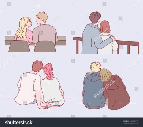 The back view collection of a couple sitting together. hand drawn style vector design illustrations. #Ad , #ad, #sitting#hand#couple#view Couple Sitting Together Drawing, Sitting Down Drawing, Couple Sitting Together, Together Drawing, Holding Hands Drawing, Couples Doodles, Basic Poses, Sitting Pose Reference, Couple Poses Drawing