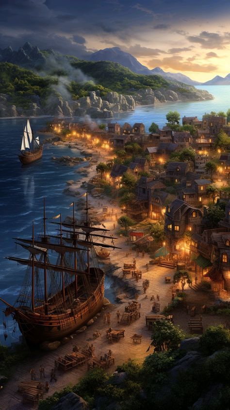 Port Kingdom Fantasy Art, Pirate Pub Aesthetic, Pirate Adventure Aesthetic, Fantasy Sea Side Village, Pirate Island Art, Kingdom By The Sea Aesthetic, Pirate Town Aesthetic, Pirate Town Concept Art, Dnd Ship Art