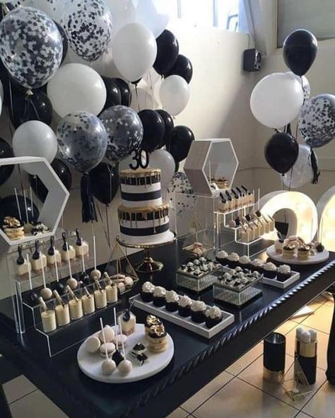 Black And Silver Birthday Table Decor, 18th Birthday Party Snack Table, Straight Outta My Twenties Party Decor, 30th Birthday Snack Table, 30th Birthday Party At Home, Dessert Table Ideas Birthday Men, Party Favor Table Ideas, Snack Table Ideas Party Adults, 18th Birthday Party Ideas For Boys Theme