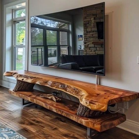 Table Made Of Wood, Rustic Tv Table, Rustic Tv Stand Ideas, Live Edge Tv Stand, Tv Table Ideas, Natural Wood Tv Stand, Live Edge Wood Furniture, Live Edge Shelves, Wood Table Design