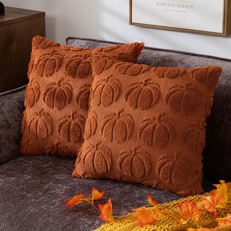 Pumpkin Fall Decorative Throw Pillow Covers 18"x18", Set of 2 Rust Red Soft Faux Fur Pillow Covers for Autumn Harvest, Fluffy Plush Accent Pillow Cases for Farmhouse Couch Cushion Covers Pumpkin Fall, Faux Fur, Throw Pillow Covers, Throw Pillow, Pillow Cases, Pillow Covers, Couch, Pillows