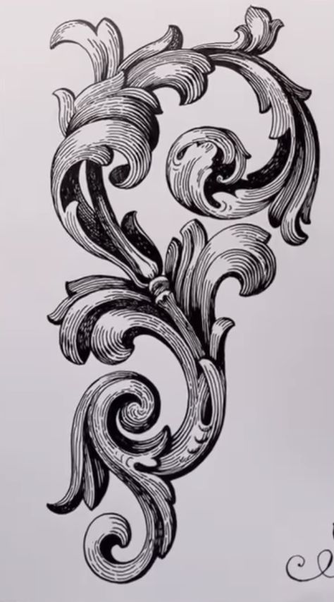 Scrollwork Tattoo, Acanthus Tattoo, Filligree Tattoos, Filigree Outline, Baroque Tattoo, Scroll Engraving, Filigree Tattoo, Animal Tattoo Ideas, Leather Working Patterns