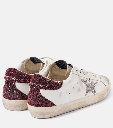 Super-Star embellished leather sneakers in white - Golden Goose | Mytheresa Cute Golden Goose, Golden Goose Aesthetic, Golden Goose Glitter, Designer Sneakers Women, Trip List, Pepa Pig, Shoes Outfit Fashion, Goose Shoes, Golden Goose Shoes