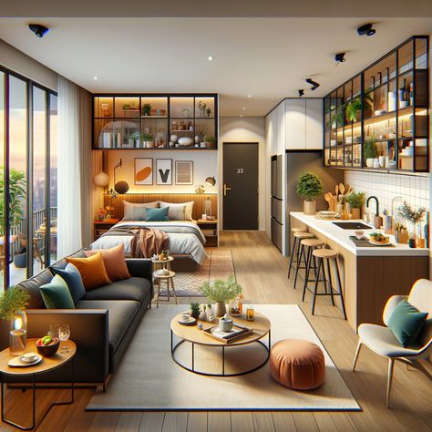 Aesthetic Apartment! Studio Apartment Plan, Studio Flats, Apartment Rooftop, Living Room And Bedroom Combo, My Own Place, Single Apartment, Flat Interior Design, Tiny Studio Apartments, Mini Apartments