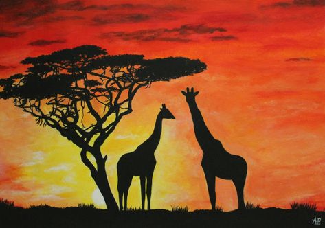 'Savannah Sunset' painted with acrylics. ☀️ Safari Painting, Giraffe Eating, Africa Sunset, Savannah Art, Safari Scene, Sunset Painting Acrylic, Scene Background, Watercolor Sky, A Giraffe