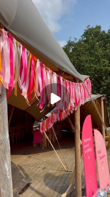 Jessica Jepson on Instagram: "DIY Ribbon Garland 🎀  Sharing a few of the crafty diy bits we made for our wedding, this was by far the most inexpensive and easiest but most effective thing I made! And it was a real last minute idea too. Ribbons were Hobbycraft & Amazon and I just used twine to hang them on to   Sadly I have no idea where this ended up after the wedding but hoping it turns up somewhere as it would be great for parties 🎀💕  #ribbongarland #diydecor #diywedding #diyweddingdecor #diyweddingideas #weddingideas #tipiwedding #pinkribbon #ribbon" Hanging Ribbon Wedding Decor, Ribbon Garland Wedding, Diy Party Decorations Cheap, Ribbon Garland Diy, Diy Ribbon Garland, Diy Garland Ideas, Diy Slinger, Fairy Tale Day, Wedding Streamers