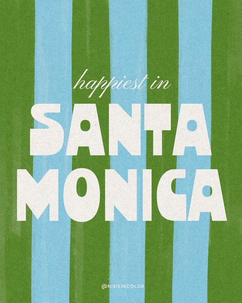 blue and green retro striped graphic that celebrates life in Santa Monica, California. this vintage beachy design was created by Nicole Goldfarb @nixieincolor on Instagram. La Graphic Design, Street Art Prints, 1960 Graphic Design, Stripe Graphic Design, 70s Inspired Design, Location Graphic Design, Preppy Graphic Design, Southern Graphic Design, Mediterranean Design Graphic