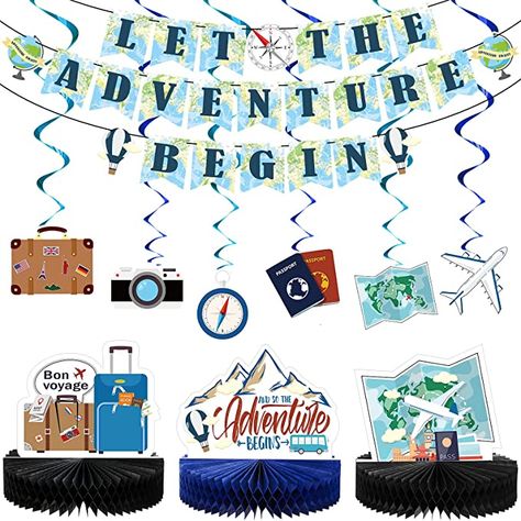 Amazon.com: 16 Pieces Travel Themed Party Decorations Let the Adventure Begin Banner Bon Voyage Party Decorations Travel Honeycomb Centerpieces for Travel Baby Shower Graduation Retirement Farewell Party Supplies : Toys & Games Vintage Maps Printable, Learning Is An Adventure, Travel Party Decorations, Vintage Signs Decor, Asl Classroom, Travel Classroom, Senior Events, Farewell Party Decorations, Student Council Ideas