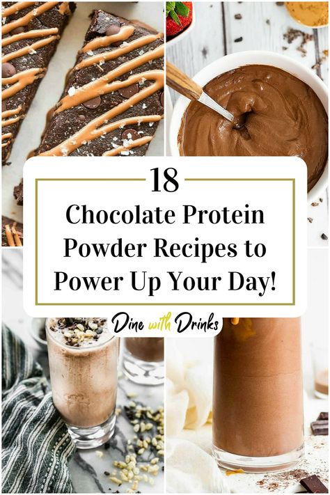 Collage of 4 chocolate protein powder recipes. What To Do With Chocolate Protein Powder, Deserts With Protein Powder, Nuzest Protein Recipe, Using Protein Powder In Baking, How To Bake With Protein Powder, Vegan Chocolate Protein Powder Recipes, Uses For Chocolate Protein Powder, Chocolate Protein Snack Recipes, Slim Fast Powder Recipes