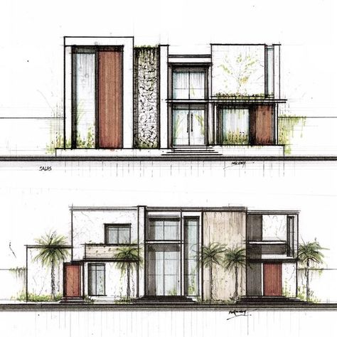 Elevation Design For Villa, Horizontal Interior Design, Villa Elevation Drawing, Archive Room Design, House Sketch Architecture Drawings, Elevation Sketch Architecture, Facade Design Villa, Architecture Elevation Drawing, Villa Sketch