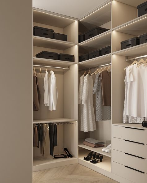 OSOME_NEBO on Behance Beige Walk In Closet, Wall In Wardrobe, Minimal Closet Design, Closet Modern Design, Wardrobe Room Design, Walk In Wardrobe Luxury, Taupe Closet, Walk In Closet Designs Layout, Walk In Wardrobe Ideas