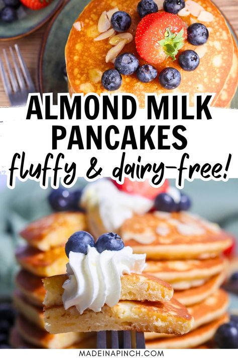 stacked image of two different angles of stacks of almond milk pancakes with text overlay Dairy Free Pancakes Almond Milk, Pancake Recipe With Almond Milk, Pancake Recipe Dairy Free, Pancakes With Almond Milk, Pancake Recipe No Milk, Milk Free Pancakes, Almond Milk Pancakes, Cheap Breakfast Ideas, Dairy Free Breakfast Ideas