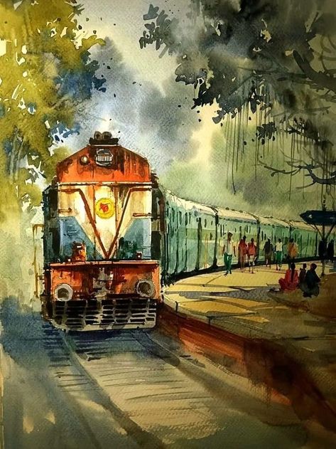 joydip nunia Train Painting Watercolor, Railway Station Painting, Train Landscape Painting, Water Colour Village Scenery, Easy Portrait Drawing, Easy Portrait, Railway Station Watercolour Painting, Watercolor Indian, Drawing Collection