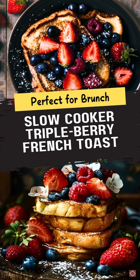 Make brunch easy and delicious with this Slow Cooker Triple-Berry French Toast! Packed with juicy berries and custard-soaked bread, it’s a sweet and satisfying start to the day. Save this pin to enjoy an effortless, crowd-pleasing breakfast. French Toast In A Crockpot, French Toast Crockpot Recipes, Crockpot Brunch Recipes, Breakfast Fruit Ideas, Crock Pot French Toast, Sunday Breakfast Ideas, Mixed Berry Recipes, Slow Cooker French Toast, Crock Pot Breakfast