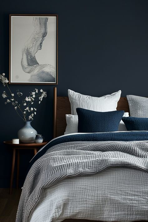 Moody Bedroom Retreats: 56 Stunning Ideas of Dark Elegance - Quiet Minimal Birthday Bedroom Surprise, Birthday Decorations Bedroom, Blue Feature Wall Bedroom, Guy Bedroom Ideas, Dark Blue Rooms, Birthday Bedroom, Opulent Bedroom, Moody Bedroom Ideas, Blue Gray Bedroom