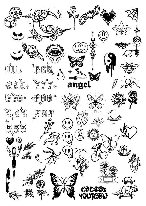 Edgy Tattoo Flash Sheet, Small Doodle Tattoo Ideas, Patchwork Tattoo Flash Sheet, Simple Patch Work Tattoos, Flash Tattoo Designs Grunge, Patchwork Tattoo Filler Ideas, Patchwork Tattoo Ideas Minimal, Messy Tattoo Style, Tattoo Sheets Drawings