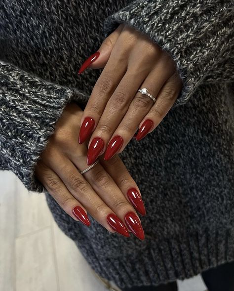 Luxury Almond Nails, September Pedicure Colors 2024, Feminin Nails, Red Gel Acrylic Nails, Red Nails Gel Design, Red Nail Designs Classy, Long Red Almond Nails, Autumn Nails Inspiration, Red Gel X Nails