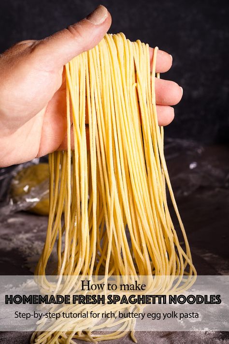 This recipe for homemade spaghetti makes noodles with a rich, buttery egg yolk flavor so good you may never purchase dried pasta again! Egg Yolk Pasta, Homemade Spaghetti Noodles, Spaghetti Pasta Recipe, Homemade Pasta Noodles, Basic Dough Recipe, Noodle Recipes Homemade, Make Homemade Pasta, Homemade Pasta Dough, Dried Pasta