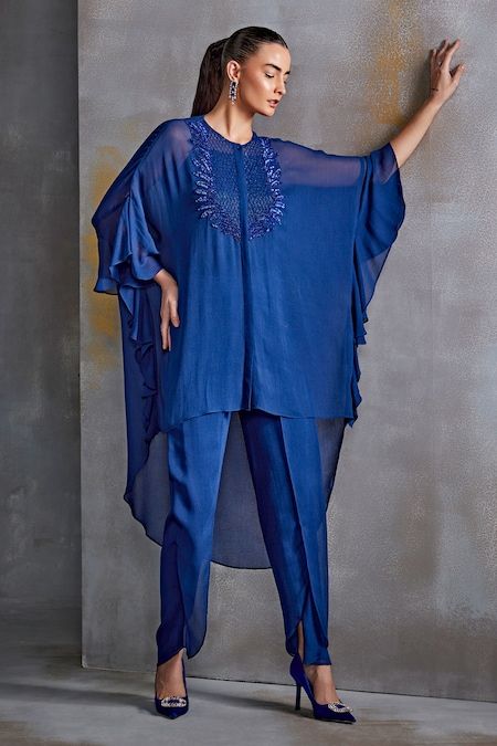 Buy Blue Textured Georgette Embroidery Cordelia Sequin Embellished Tunic Pant Set For Women by Namrata Joshipura Online at Aza Fashions. Jaal Embroidery, Dress Over Pants, Co Ords Outfits, Kaftan Tunic, Prussian Blue, Blue Texture, Tunic Pattern, Boutique Dress Designs, Boutique Dress