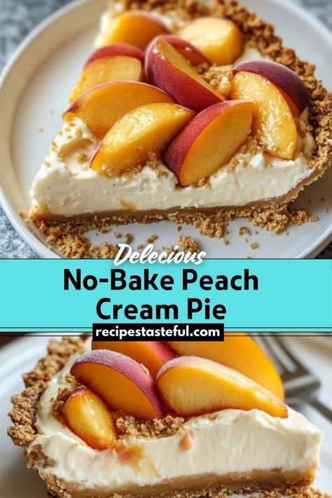 A refreshing summer dessert with layers of juicy peaches, a creamy filling, and a buttery graham cracker crust. Peach Cream Pie, Peaches And Cream Pie, Peach Pie Filling, Graham Cracker Crust Pie, Baked Peach, Cream Pie Recipes, Peach Cream, Peaches And Cream, Peach Slices