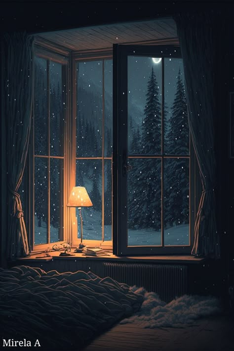 Snowy Night, Winter Wallpaper, Window View, Fantasy Art Landscapes, Winter Art, Dreamy Art, Christmas Illustration, Alam Yang Indah, Winter Aesthetic