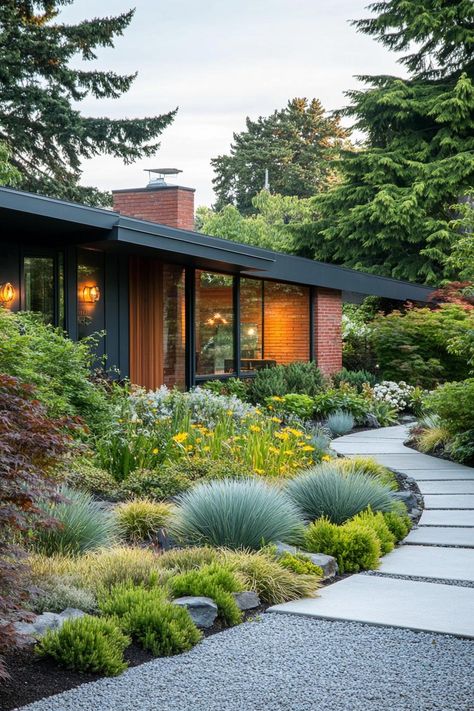 Landscape Mid Century Modern, Atomic House Exterior, Mid Mod Farmhouse, Mid Century Modern Garden Landscaping, Modern Mountain Landscaping, Mountain Modern Landscaping, Modern White House Exterior, Mid Century Modern Landscape Front Yard, 1950 House Exterior