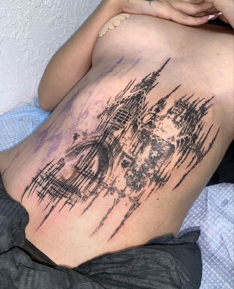 Sigil Core Tattoo, Agrogothic Tattoo, Sigilkore Tattoos, Arm Tattoo Color, Neotribal Castle Tattoo, Back Filler Tattoo, Back Gothic Tattoo, Mixed Media Tattoo, Castle Leg Tattoo