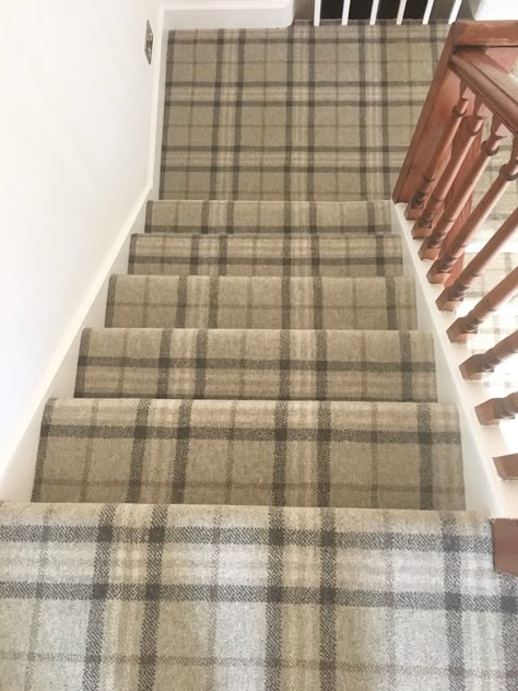 Stairwell To Basement, Tartan Stair Carpet, Stairway Carpet, Cabin Basement, Tartan Carpet, Cozy English Cottage, Carpet Staircase, Basement Carpet, North Design