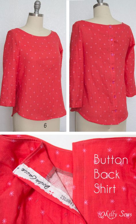 How to Make a Button Back Top - Sew a top that buttons down the back with this tutorial from Melly Sews Button Back Top Sewing Pattern, How To Sew A Top, Sew A Top, Back Button Blouse, Boatneck Shirt, Melly Sews, Blouse Tops Designs, Dresses Patterns, Sewing Blouses