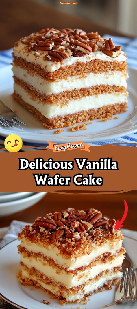 Indulge in the sweet, comforting taste of Vanilla Wafer Cake, where crunchy vanilla wafers blend seamlessly with rich batter to create a uniquely textured and flavorful dessert. This cake is perfect for those who appreciate a nostalgic twist to their sweet treats. Ideal for any gathering, it promises to be a crowd-pleaser that evokes fond memories. #VanillaWaferCake #DessertTime #NostalgicBakes Vanilla Wafer Cake Recipe, Nilla Wafers Recipes, Vanilla Wafer Recipe Desserts, Nilla Wafer Cake, Vanilla Wafers Recipe, Wafer Cake Recipe, Vanilla Wafer Dessert, Nilla Wafer Recipes, Vanilla Dessert Recipes