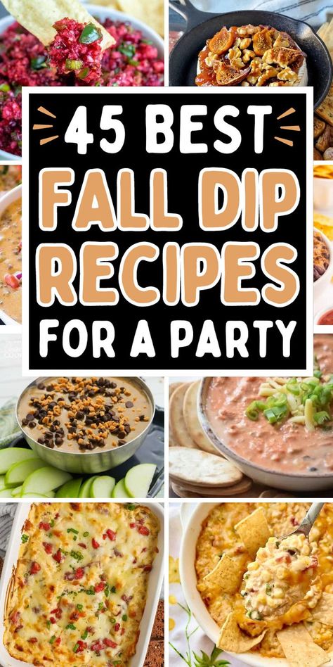 The best fall dip recipes for parties and potlucks, including warm dip and cold dip recipes that you can make ahead for a party, movie night, Halloween, or Thanksgiving. Easy Fall Potluck Ideas, October Appetizers, Party Snacks For A Crowd, Fall Dips, Snacks For A Crowd, Bonfire Snacks, Appetizers Fall, Fall Party Appetizers, Fall Party Snacks